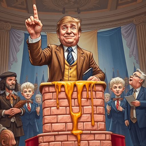 Trump i Trøffeltrøbbel – En diplomatisk forvikling fra Døgnistan til Dunderbygda 5 Donald Trump holder opp en sjokoladebit og erklærer den som verdens beste trøffel, mens diplomater fra hele verden ser forvirret på.
