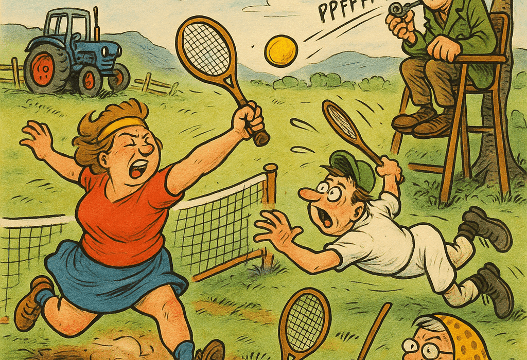 Serve, syltetøy og skli-finale – bygdetennis på Vasskanten Stadion! 5 To bygdefolk spelar vill bygdetennis på gras, ein traktor står parkert i bakgrunnen, dommaren blåser i fløyta frå ein stol under eit tre, medan ei eldre dame viftar med ein kjepp på sidelinja.
