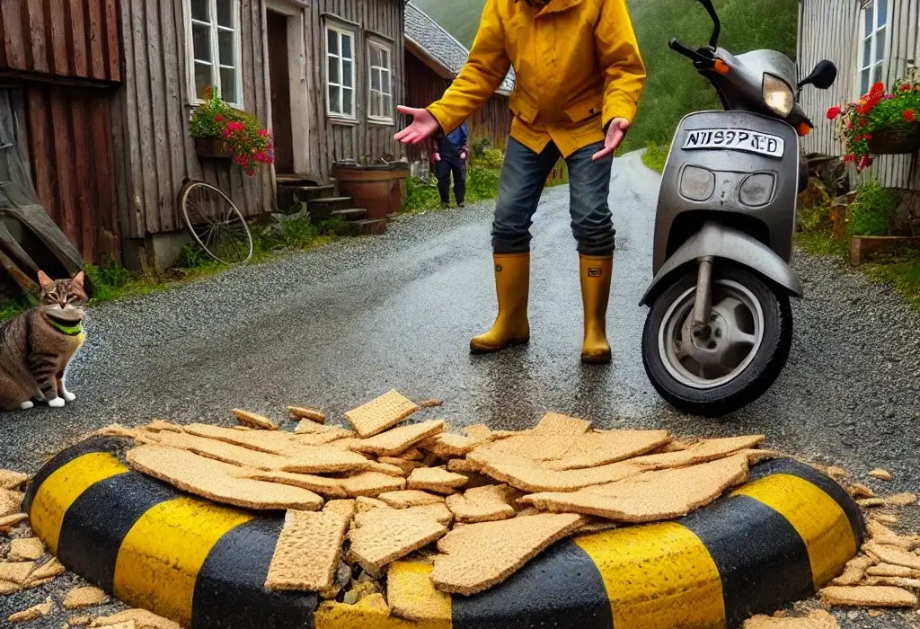 Nye fartsdumper i Gørrnes – lokal traktorist hevder de er laget av gammelt knekkebrød 5 En fartsdump midt i bygdeveien, tydelig smuldret i kantene, mens en forvirret mopedist står og peker på restene.