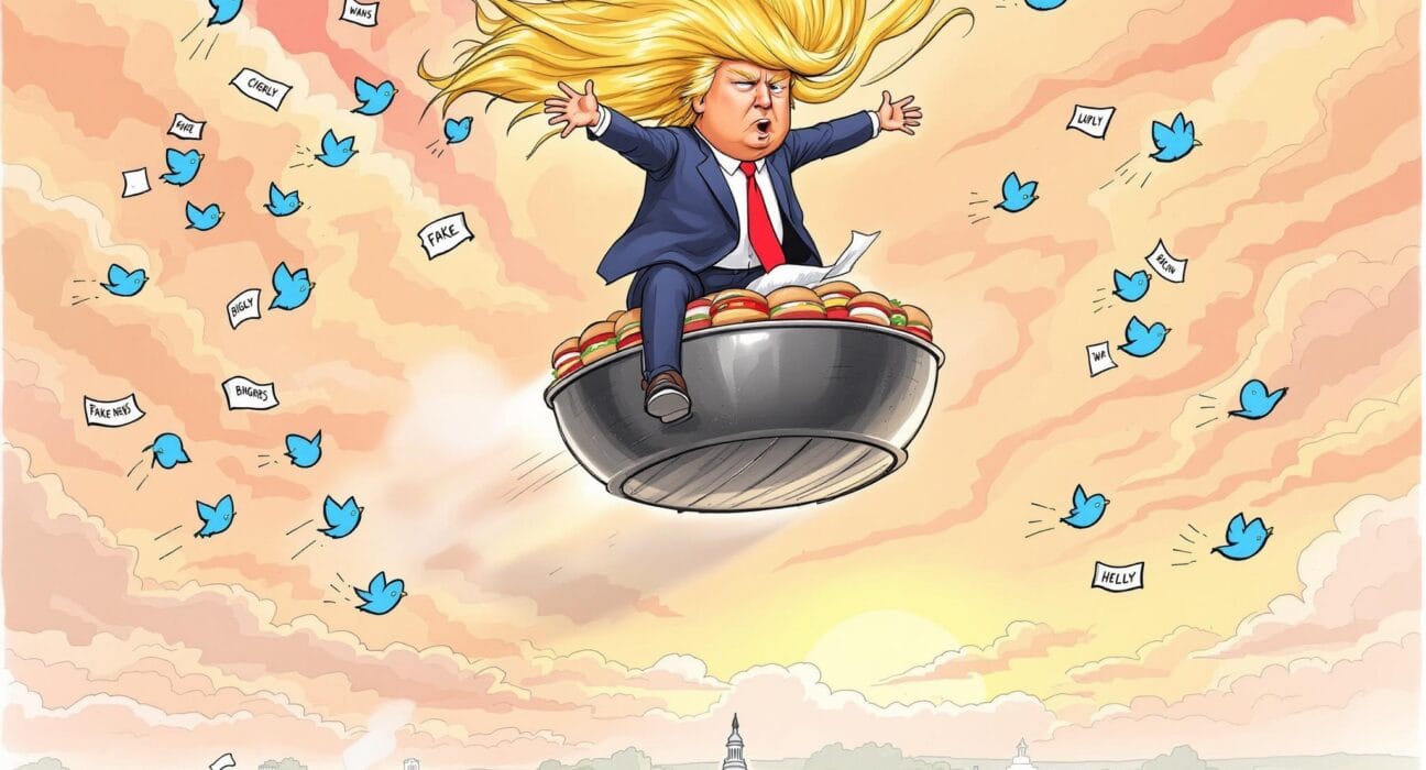 Rabalder i Døgnistan (USA) – Trump tilbake i førersetet med håret først og vettet på slep 5 Donald Trump ridande på ein grill over Washington, vifta av tweeter og damp