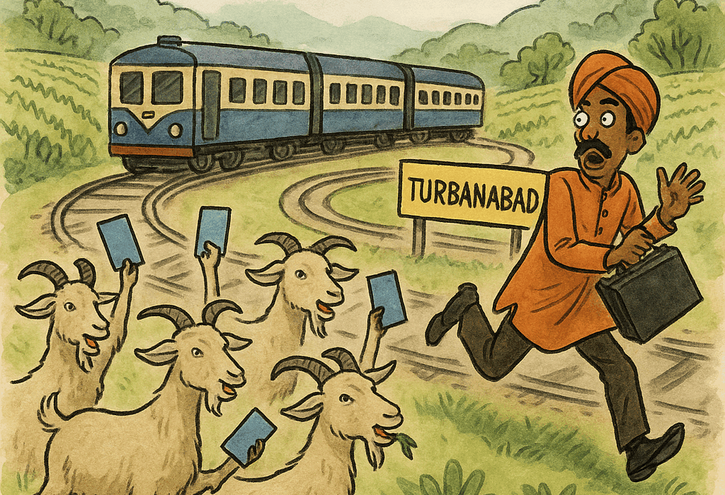 Diplomatisk Detour i Turbanabad (India): Fredstoppmøte avbrutt da delegater ble sittende fast i tog-kaos 5 Geiter med diplomatiske dokumenter jager en forvirret delegat ved en togstasjon i Turbanabad (India) mens et stillestående tog venter i bakgrunnen – en humoristisk karikatur av internasjonalt kaos.