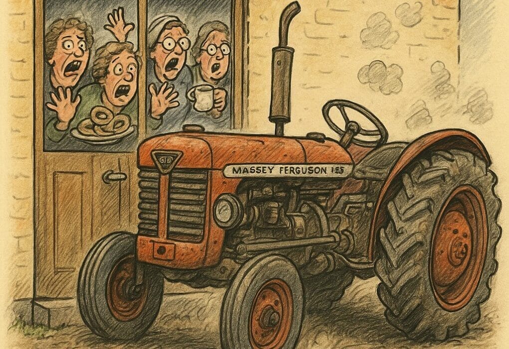 SJOKK I SLØFTEBYGDA: Husmorlaget sperra inne av villfaren veterantraktor! 5 Karikatur av husmorlag innesperra på bygdatunet av ein villfaren veterantraktor.