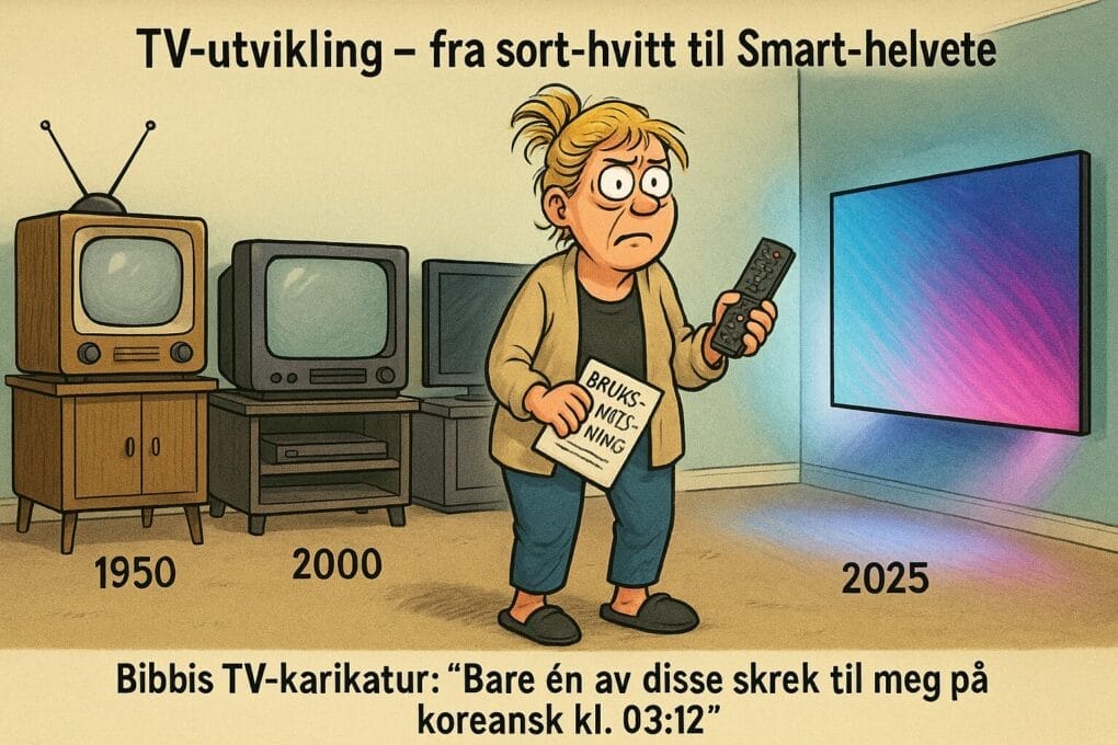 TV-ens utvikling fra sort-hvitt til smart-TV: Skjermen som tok over stua og livet ditt 5 Karikatur av TV-er fra 1950 til 2025 i en stue