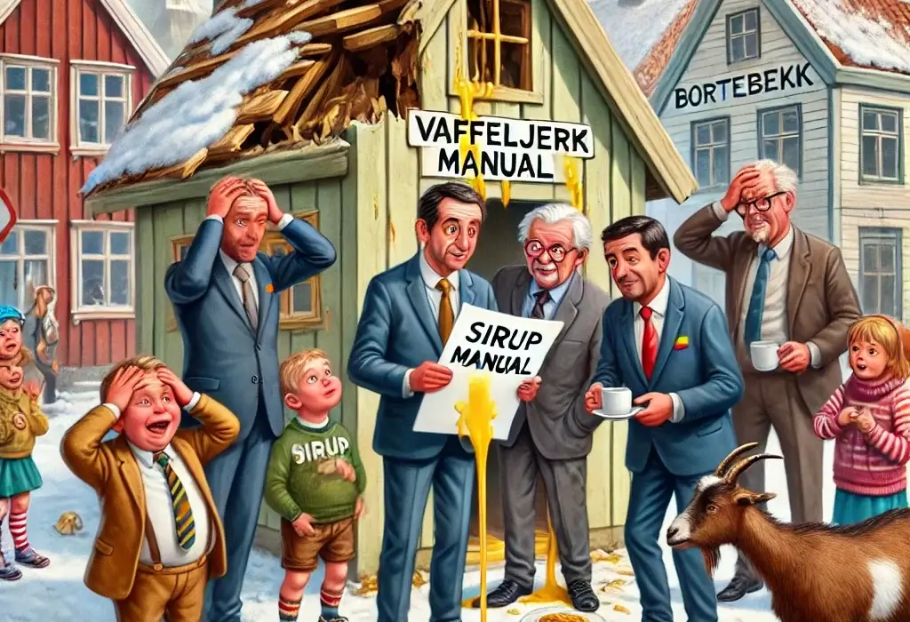 Pannekakeraset i Bortebekk – Internasjonal forviklingskrise da belgisk delegasjon forvekslet takstein med frokost 5 Belgiske diplomater i dress står foran et hus uten tak, mens lokale barn peker og ler, og en geit tygger på en sirupsmanual.
