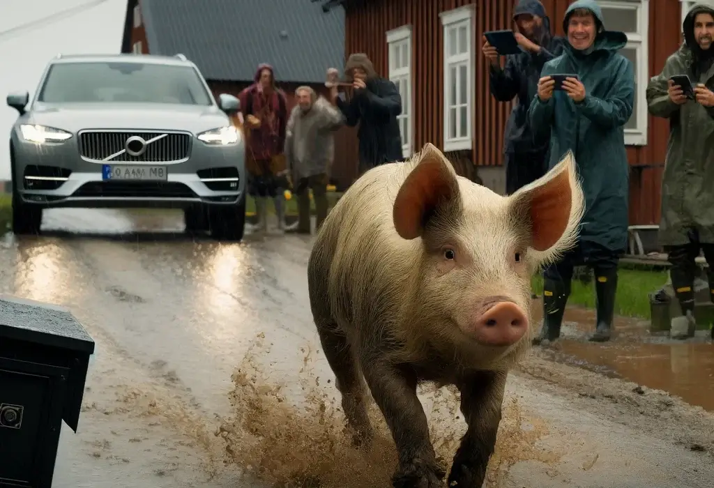 Griseflukt i Flisbygda (Fåvang) – Fjøskrise, falukorv og folkefest 5 Gris på rømmen gjennom bygdevei mens regnet høljer.