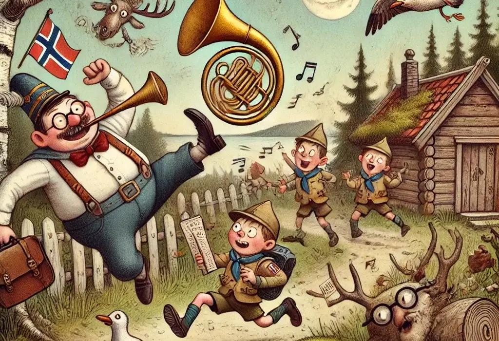 Bjørnefelle og basunspill forveksla i Brølebakkan (Bærum) – nå manglar fem speidere og ein hornmusikkgeneral! 5 Speider med kikkert i skog, dirigent med fot i felle, og tuba i elv – kaotisk speidermøte i Bærum