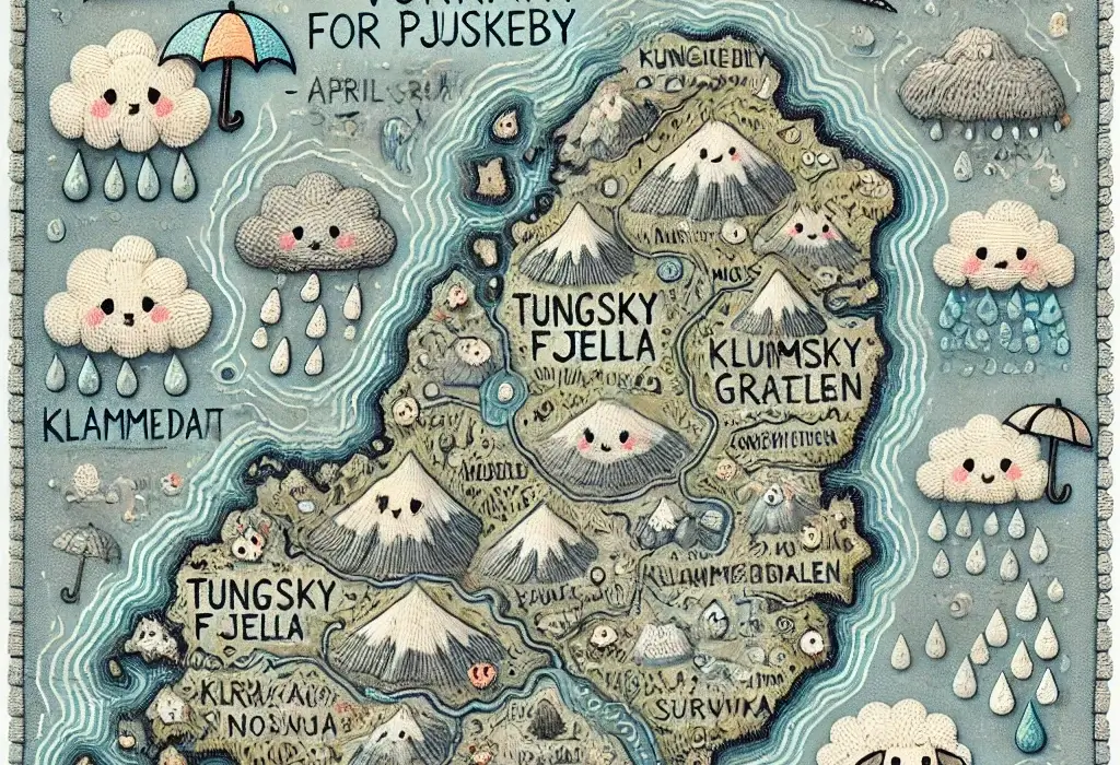 Værmelding for Pjuskeby (Moss): 3 dagers pessimistisk oversikt ved Blørgilda Mudgrumble, værobservatør og livstrett romantiker 5 Værkart for Pjuskeby med håndtegnet, nostalgisk stil, regnfulle symboler og stedsnavn som Survika og Tungskyfjella.