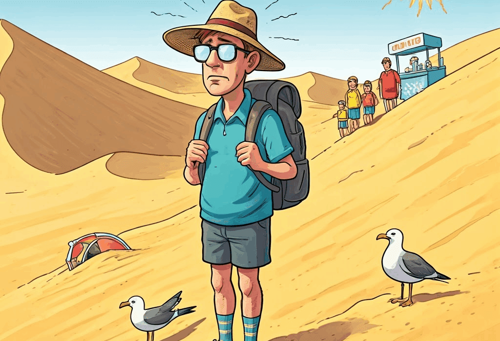 Forvilla og forlatt på Gran Canaria – ein historie om sand, sur sangria og sjelens solforbrenning 5 Ein forvirra mann med hatt og termos står midt i ein sandstorm, omringa av måker og angrande svenskar