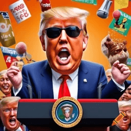 Slik reddet Trump verden (fra logikk): 100 dager med gull, stjernestøv og alternative realiteter 5 Satirisk illustrasjon av Donald Trump omgitt av konfetti, en globus med feil kart og en mikrofon han tror er en is.