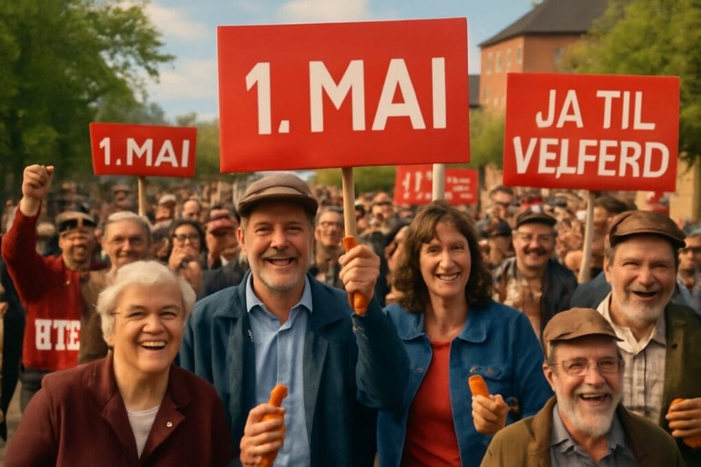 Mai-feiring i Våtstrupen (Vinstra) – Går med plakat, men finner ikke veien til lønna! 5 En stor gruppe glade folk på 1. mai i Våtstrupen (Vinstra) som vifter med plakater og spiser pølser, i et tog som ser mer ut som et festtog enn et politisk.