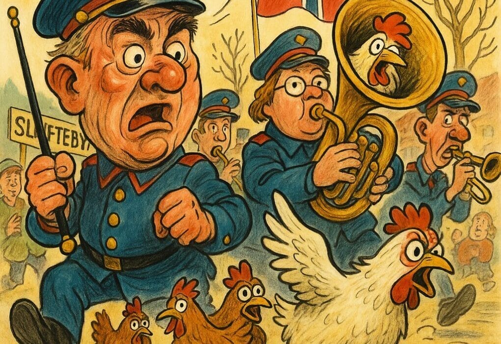 ???? Kyllingkaos i Sløftebygda: Eggstraordinær dramatikk på 17. mai-øvinga! 5 Karikatur av korpsøving i Sløftebygda avbrote av høner som stormar marsjrekkja. Ein tubaist har fått ei høne i instrumentet, medan dirigenten ser sjokkert ut.