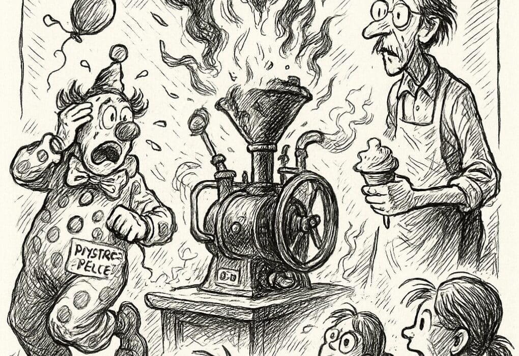 ???? Iskrem og inferno i Flåklypa (Lom): Barneforestilling eksploderte i damp og desperasjon! ???? 5 Karikatur av flammende iskremmaskin og sjokkert publikum i Flåklypa